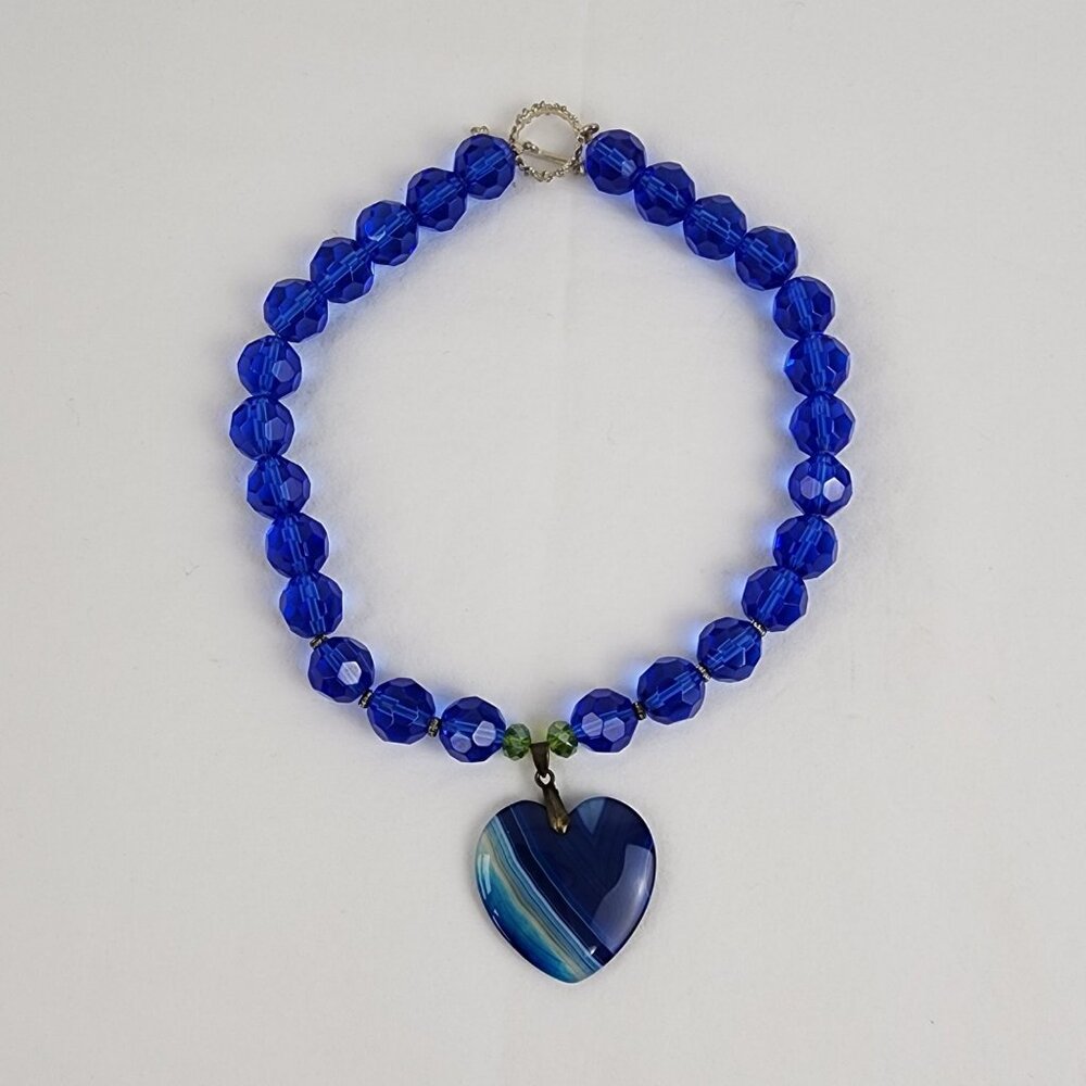 Blue Lace Agate Heart Shape Stone Pendant Faceted Crystal Bead Necklace Handmade